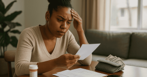 Concerned woman reviewing bills and managing personal finances at home, with medical expenses and cash on the table.