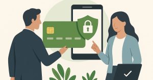 Illustration of a man handing a credit card to a woman who is pointing at a smartphone screen displaying a security shield with a padlock, symbolizing secure digital payments and financial planning.
