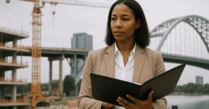 Female engineer reviewing project documents at a construction site with bridges and cranes in the background, symbolizing infrastructure investments.