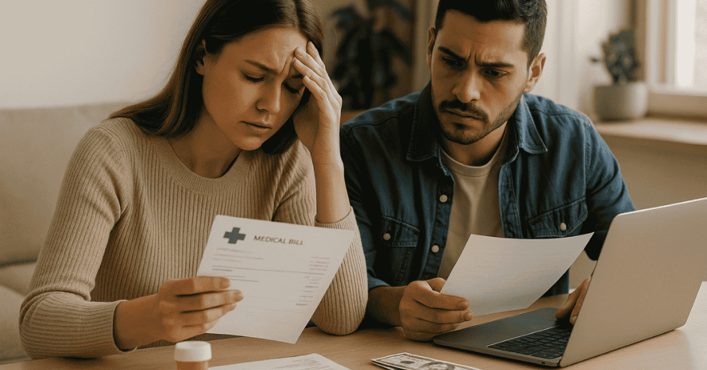 Worried couple analyzing medical bills and planning their household finances, with laptop, cash, and documents on the table.