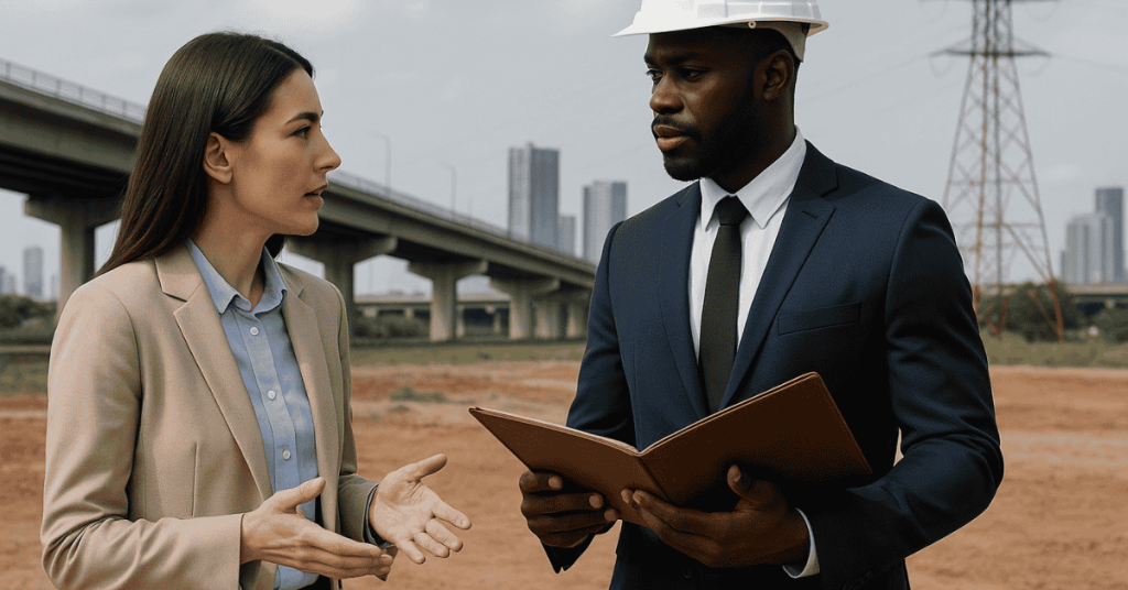 Business professionals discussing infrastructure development plans at a construction site, representing strategic investments in urban growth.