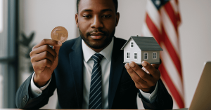 Financial advisor presenting real estate **investments**, holding a coin and a model house in an office setting.