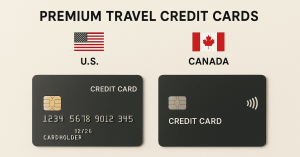 Comparison graphic of premium travel **credit card** options for the U.S. and Canada, showing two black cards beneath their national flags.