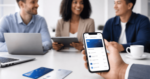 Person holding a smartphone displaying a digital banking app, with a Credit Card on the table and a group of colleagues discussing finances in the background, representing modern credit card management and shared financial decisions.