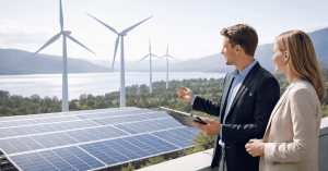 Business professionals analyzing solar panels and wind turbines at a renewable energy site, evaluating sustainable investments in clean energy.