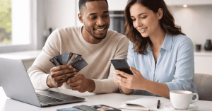 Couple reviewing multiple credit cards and financial apps on a smartphone at home
