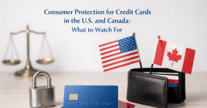 Credit cards displayed on a desk with a lock and keys, alongside U.S. and Canadian flags and a wallet, symbolizing consumer protection, security, and regulations for credit cards in the United States and Canada.