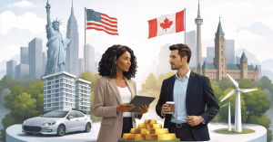 Business professionals discussing international investments with US and Canada landmarks, gold bars, renewable energy, and financial growth symbols in the background