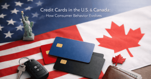Credit card displayed with U.S. and Canadian flags, illustrating consumer behavior in North American credit card markets.