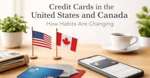 Image illustrating changing credit card habits in the United States and Canada, featuring small U.S. and Canadian flags on a desk, physical credit card options, and a smartphone displaying a digital credit card, symbolizing the shift toward mobile payments and evolving consumer behavior.