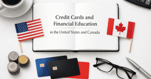 An open notebook sits at the center with the title displayed across its pages. A small U.S. flag is placed on the left side and a Canadian flag on the right, symbolizing both countries. Surrounding the notebook are stacks of coins, three credit cards (blue, black, and red), a pair of eyeglasses, a pen, a calculator, and a cup of coffee