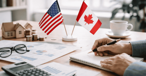 Cena de planeamento financeiro internacional numa secretária com documentos que apresentam gráficos e indicadores económicos. No centro encontram-se pequenas bandeiras dos Estados Unidos e do Canadá colocadas lado a lado, simbolizando relações económicas e oportunidades de investimento entre os dois países. Sobre a mesa estão também pilhas de moedas, pequenas maquetes de casas que representam investimento imobiliário, uma calculadora, óculos e uma chávena de café. Uma pessoa escreve num bloco de notas enquanto analisa os dados, sugerindo tomada de decisões financeiras e avaliação de oportunidades de mercado no contexto de investimentos na América do Norte.