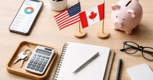 Workspace with US and Canada flags, calculator, notebook, smartphone app, and piggy bank, representing personal Finances and budgeting.