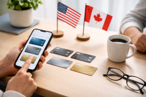 Person using a smartphone banking app with multiple credit cards on the table, with USA and Canada flags representing credit cards usage in North America.